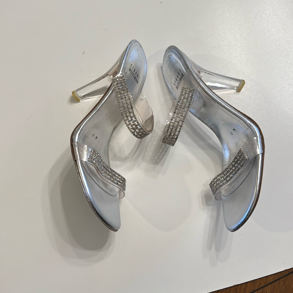 Stuart Weitzman Aleena Crystal Lucite Rhinestone Slide Heels Sandals Size 8 EUC - Picture 2 of 14